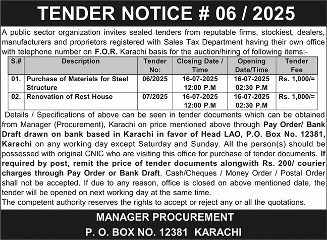 Public Sector Organization Karachi Tender Notice